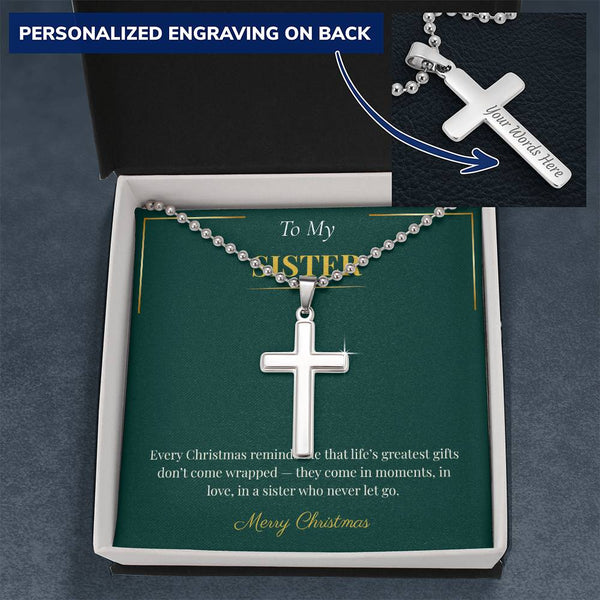 Personalized Cross Necklace with Ball Chain – Faith-Inspired Christmas Gift for Sister | Spiritual Holiday Jewelry