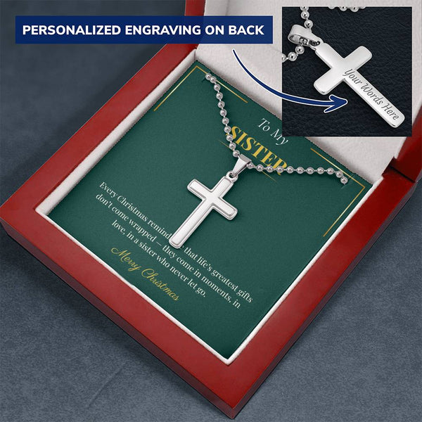 Personalized Cross Necklace with Ball Chain – Faith-Inspired Christmas Gift for Sister | Spiritual Holiday Jewelry