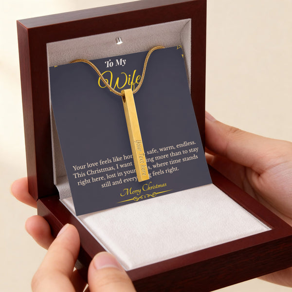 Engraved 4-Sided Stick Necklace with Message Card – Heartfelt Christmas Gift for Wife | Personalized Jewelry with Loving Words | Elegant Custom Keepsake