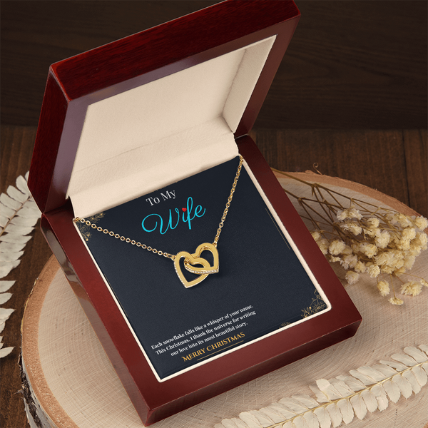 Interlocking Heart Necklace for Couples – CZ Crystal Double Heart Pendant in 18K Yellow Gold Finish and 14K White Gold Finish| Romantic Christmas Gift for wife