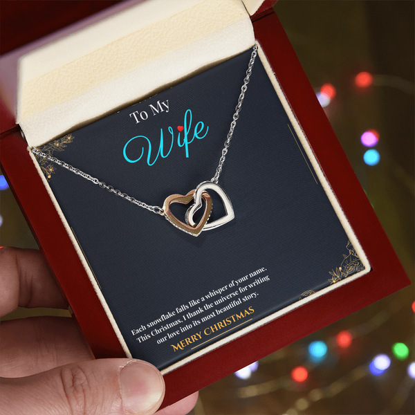 Interlocking Heart Necklace for Couples – CZ Crystal Double Heart Pendant in 18K Yellow Gold Finish and 14K White Gold Finish| Romantic Christmas Gift for wife