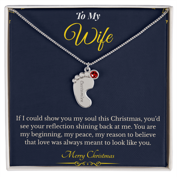 Engraved Baby Feet Necklace with Birthstone – Sentimental Christmas Gift for Wife | Personalized Jewelry That Honors Motherhood | Heartfelt Keepsake She'll Adore