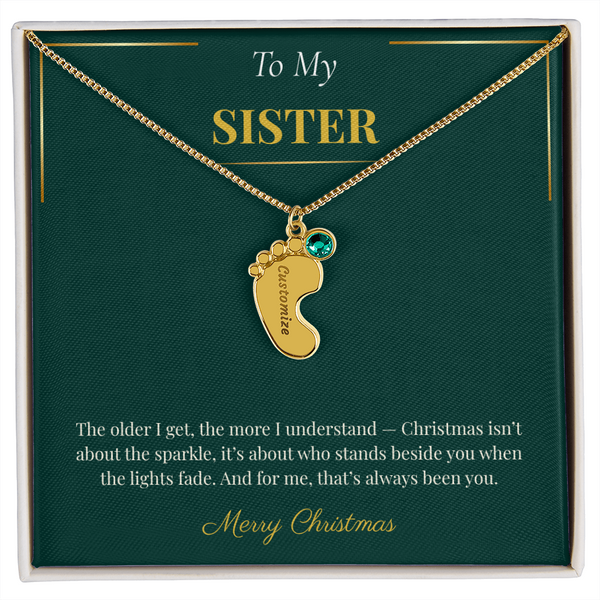 Engraved Baby Feet Necklace with Birthstone – Heartwarming Christmas Gift for Sister | Meaningful Custom Jewelry