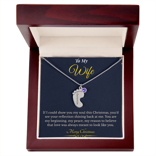 Engraved Baby Feet Necklace with Birthstone – Sentimental Christmas Gift for Wife | Personalized Jewelry That Honors Motherhood | Heartfelt Keepsake She'll Adore