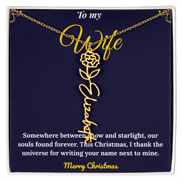 Custom Vertical Name Necklace – Personalized Drop Pendant in Polished Stainless Steel or 18K Yellow Gold | Christmas Gift for Her | Flower Name Necklace