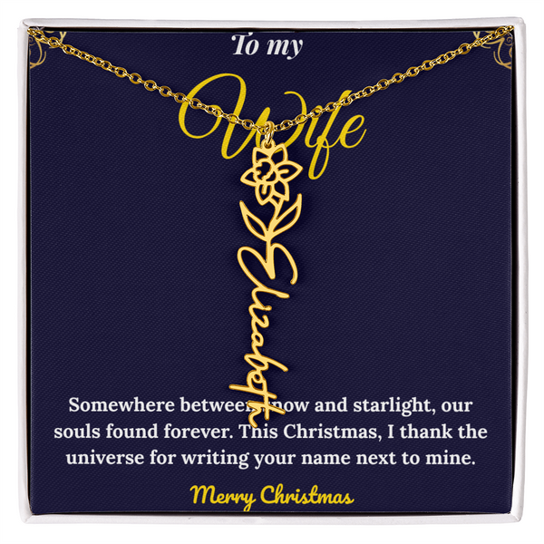 Custom Vertical Name Necklace – Personalized Drop Pendant in Polished Stainless Steel or 18K Yellow Gold | Christmas Gift for Her | Flower Name Necklace