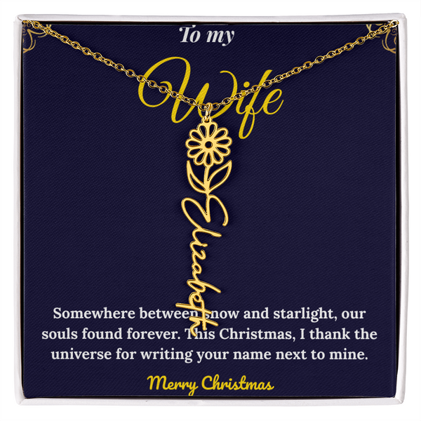 Custom Vertical Name Necklace – Personalized Drop Pendant in Polished Stainless Steel or 18K Yellow Gold | Christmas Gift for Her | Flower Name Necklace