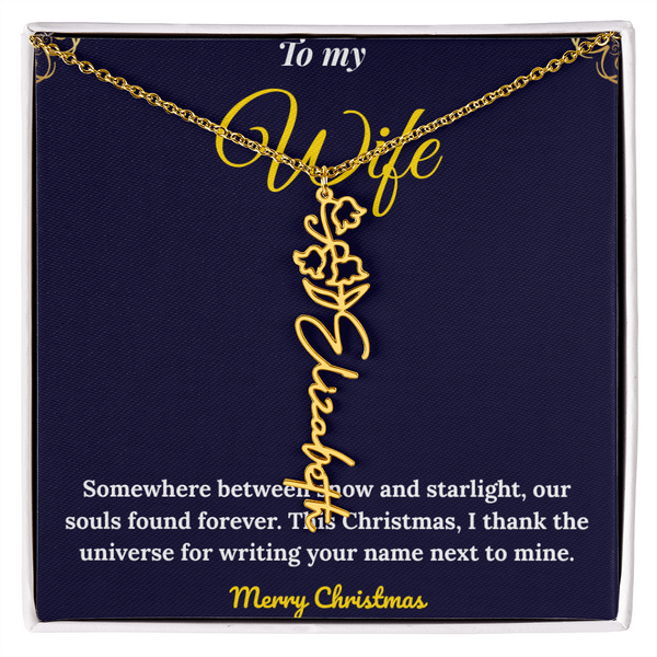 Custom Vertical Name Necklace – Personalized Drop Pendant in Polished Stainless Steel or 18K Yellow Gold | Christmas Gift for Her | Flower Name Necklace