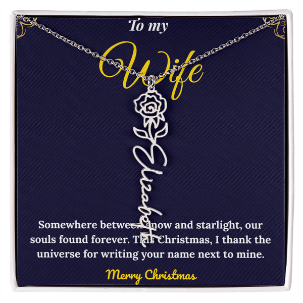 Custom Vertical Name Necklace – Personalized Drop Pendant in Polished Stainless Steel or 18K Yellow Gold | Christmas Gift for Her | Flower Name Necklace