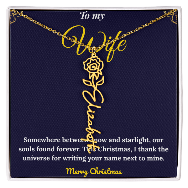 Custom Vertical Name Necklace – Personalized Drop Pendant in Polished Stainless Steel or 18K Yellow Gold | Christmas Gift for Her | Flower Name Necklace