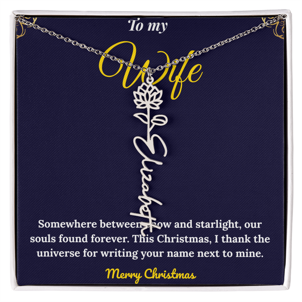 Custom Vertical Name Necklace – Personalized Drop Pendant in Polished Stainless Steel or 18K Yellow Gold | Christmas Gift for Her | Flower Name Necklace