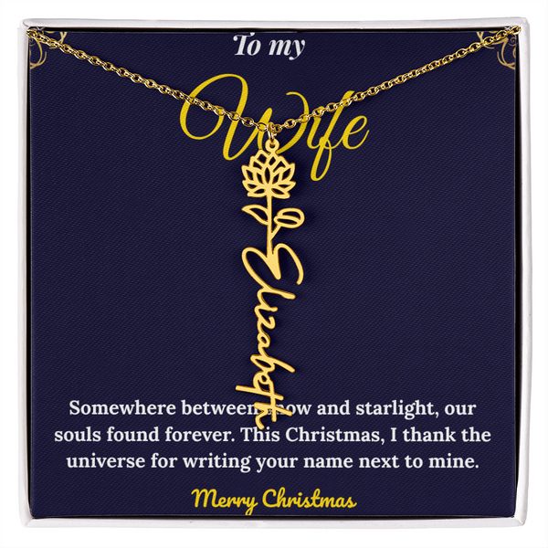 Custom Vertical Name Necklace – Personalized Drop Pendant in Polished Stainless Steel or 18K Yellow Gold | Christmas Gift for Her | Flower Name Necklace