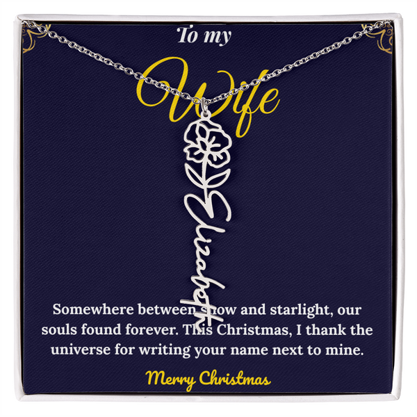 Custom Vertical Name Necklace – Personalized Drop Pendant in Polished Stainless Steel or 18K Yellow Gold | Christmas Gift for Her | Flower Name Necklace