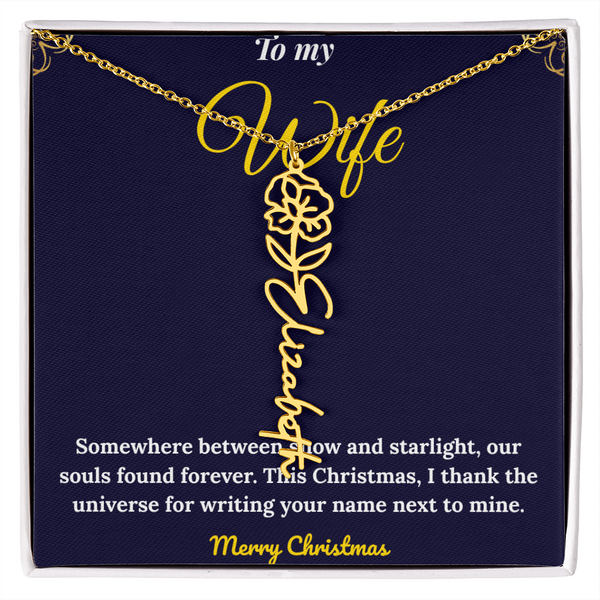 Custom Vertical Name Necklace – Personalized Drop Pendant in Polished Stainless Steel or 18K Yellow Gold | Christmas Gift for Her | Flower Name Necklace