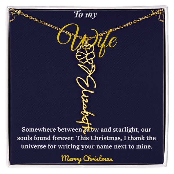 Custom Vertical Name Necklace – Personalized Drop Pendant in Polished Stainless Steel or 18K Yellow Gold | Christmas Gift for Her | Flower Name Necklace