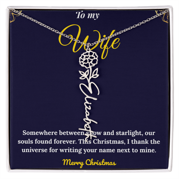 Custom Vertical Name Necklace – Personalized Drop Pendant in Polished Stainless Steel or 18K Yellow Gold | Christmas Gift for Her | Flower Name Necklace