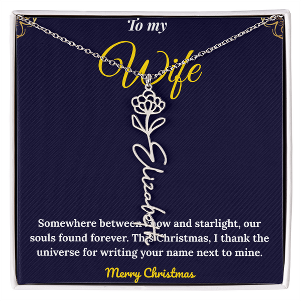 Custom Vertical Name Necklace – Personalized Drop Pendant in Polished Stainless Steel or 18K Yellow Gold | Christmas Gift for Her | Flower Name Necklace