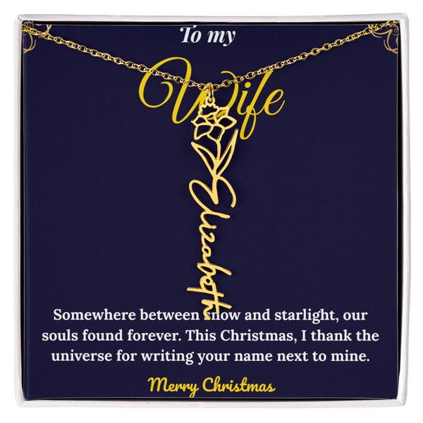 Custom Vertical Name Necklace – Personalized Drop Pendant in Polished Stainless Steel or 18K Yellow Gold | Christmas Gift for Her | Flower Name Necklace