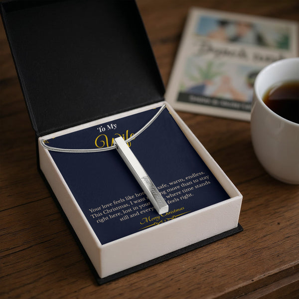 Engraved 4-Sided Stick Necklace with Message Card – Heartfelt Christmas Gift for Wife | Personalized Jewelry with Loving Words | Elegant Custom Keepsake