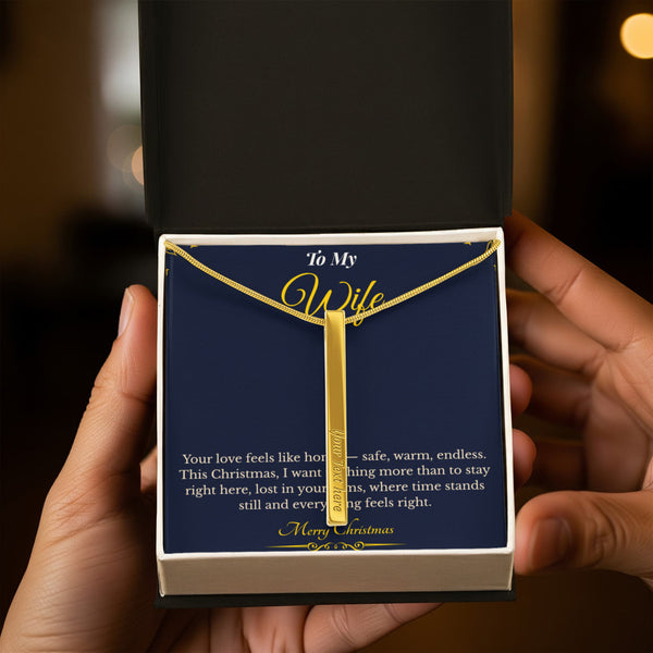 Engraved 4-Sided Stick Necklace with Message Card – Heartfelt Christmas Gift for Wife | Personalized Jewelry with Loving Words | Elegant Custom Keepsake