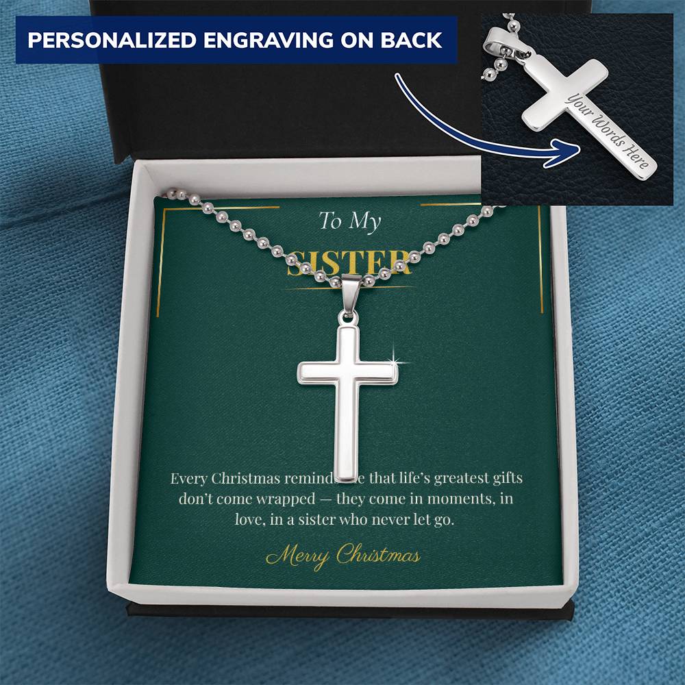 Personalized Cross Necklace with Ball Chain – Faith-Inspired Christmas Gift for Sister | Spiritual Holiday Jewelry