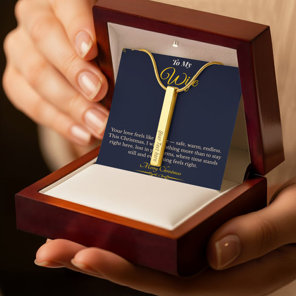 Engraved 4-Sided Stick Necklace with Message Card – Heartfelt Christmas Gift for Wife | Personalized Jewelry with Loving Words | Elegant Custom Keepsake