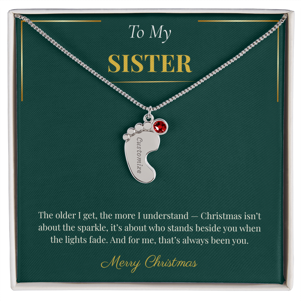 Engraved Baby Feet Necklace with Birthstone – Heartwarming Christmas Gift for Sister | Meaningful Custom Jewelry