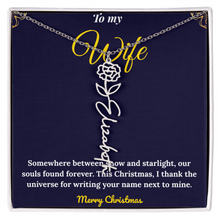 Custom Vertical Name Necklace – Personalized Drop Pendant in Polished Stainless Steel or 18K Yellow Gold | Christmas Gift for Her | Flower Name Necklace