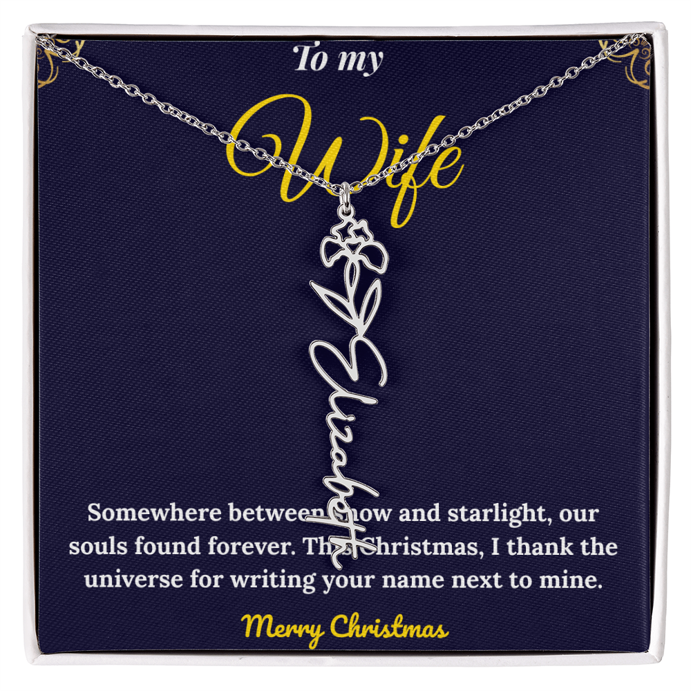 Custom Vertical Name Necklace – Personalized Drop Pendant in Polished Stainless Steel or 18K Yellow Gold | Christmas Gift for Her | Flower Name Necklace