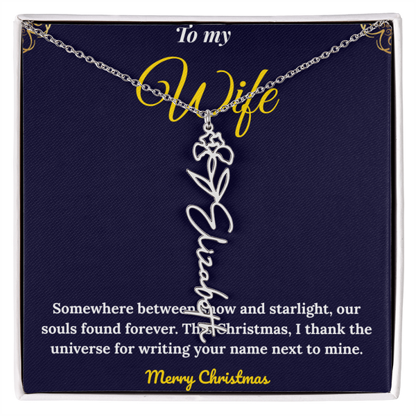 Custom Vertical Name Necklace – Personalized Drop Pendant in Polished Stainless Steel or 18K Yellow Gold | Christmas Gift for Her | Flower Name Necklace