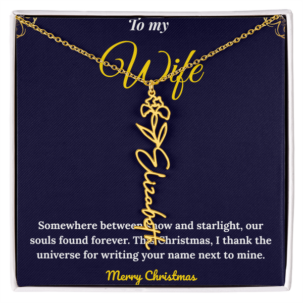 Custom Vertical Name Necklace – Personalized Drop Pendant in Polished Stainless Steel or 18K Yellow Gold | Christmas Gift for Her | Flower Name Necklace