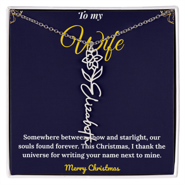 Custom Vertical Name Necklace – Personalized Drop Pendant in Polished Stainless Steel or 18K Yellow Gold | Christmas Gift for Her | Flower Name Necklace