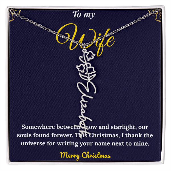 Custom Vertical Name Necklace – Personalized Drop Pendant in Polished Stainless Steel or 18K Yellow Gold | Christmas Gift for Her | Flower Name Necklace