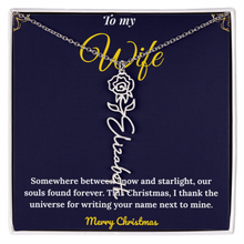 Custom Vertical Name Necklace – Personalized Drop Pendant in Polished Stainless Steel or 18K Yellow Gold | Christmas Gift for Her | Flower Name Necklace