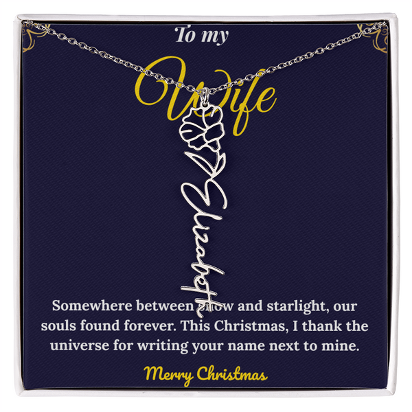 Custom Vertical Name Necklace – Personalized Drop Pendant in Polished Stainless Steel or 18K Yellow Gold | Christmas Gift for Her | Flower Name Necklace