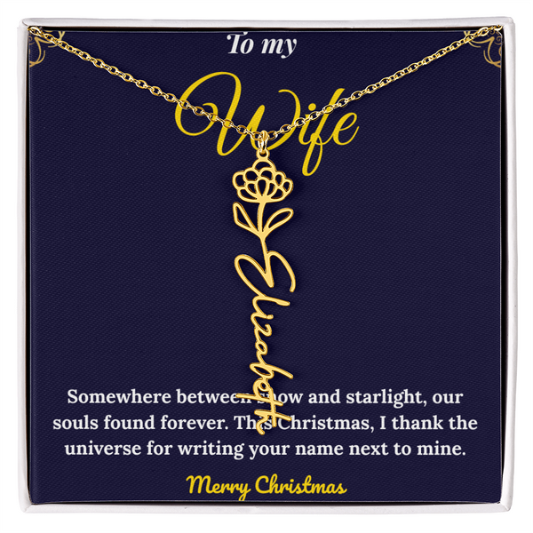 Custom Vertical Name Necklace – Personalized Drop Pendant in Polished Stainless Steel or 18K Yellow Gold | Christmas Gift for Her | Flower Name Necklace