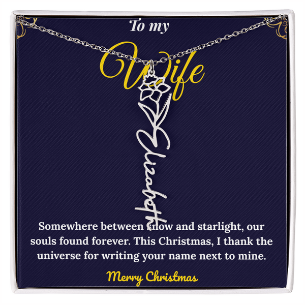 Custom Vertical Name Necklace – Personalized Drop Pendant in Polished Stainless Steel or 18K Yellow Gold | Christmas Gift for Her | Flower Name Necklace